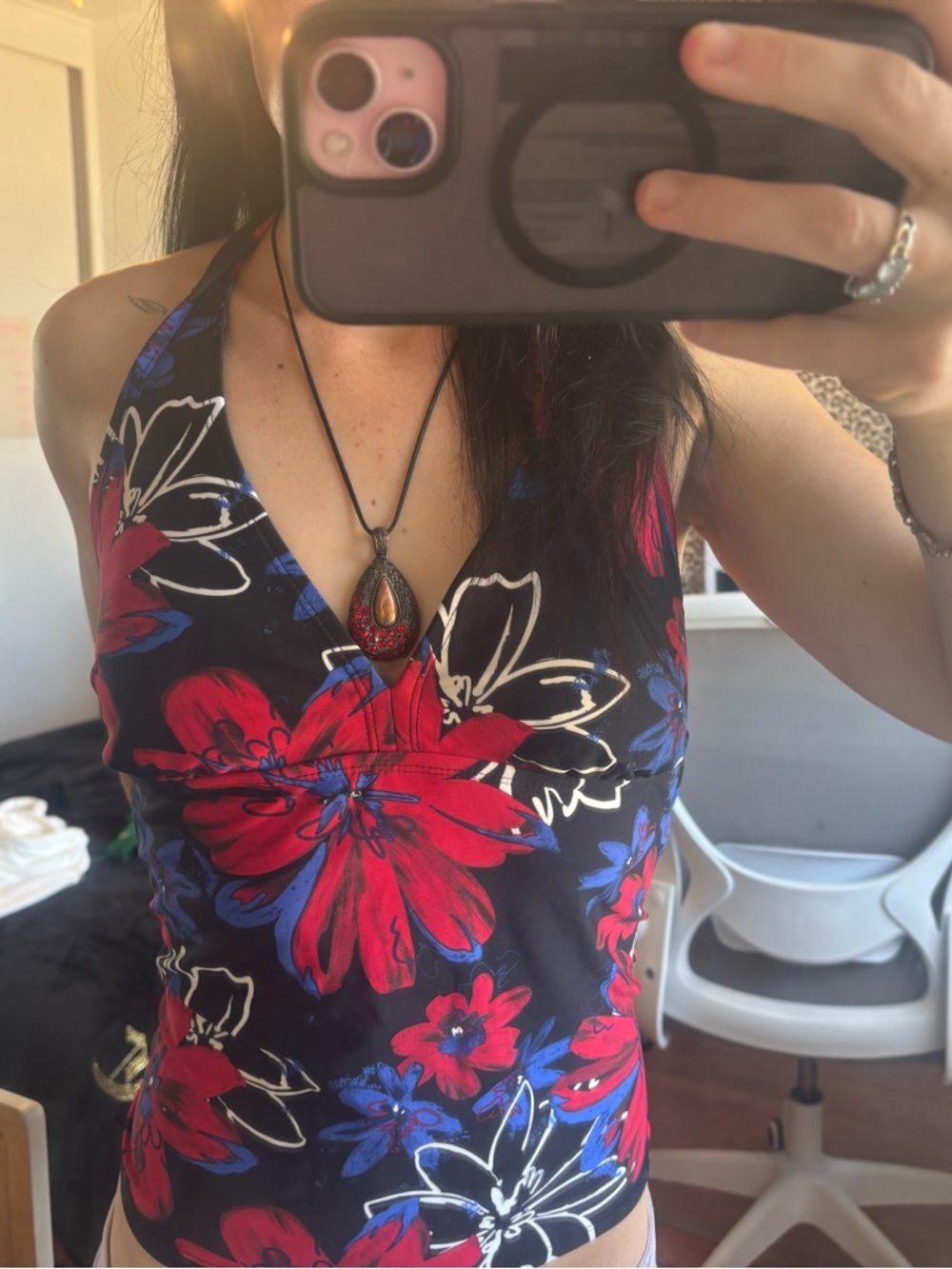 Halter top y2k tankini Black Halter Floral Tank with Red & Blue Blooms 2000s